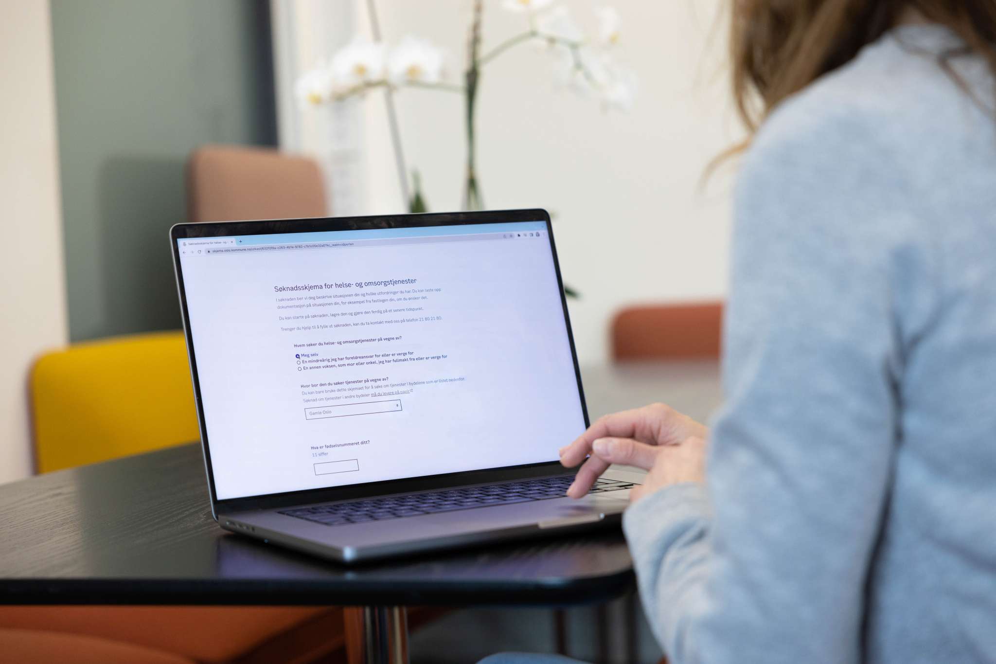 Person sitter foran skjerm som viser digital søknad, foto