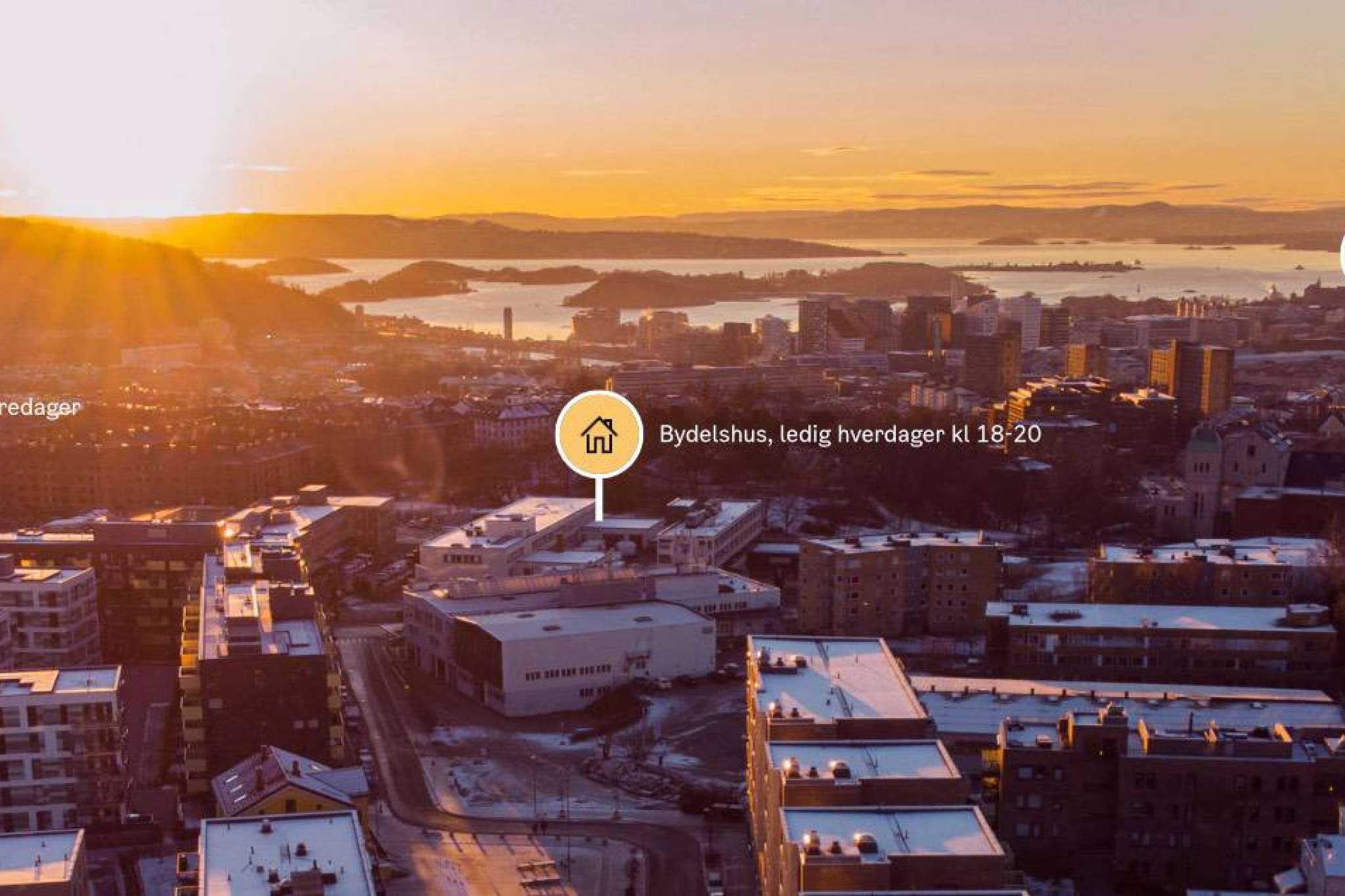 Solnedgang over by med kartmarkører: Gymsal ledig fredager, Bydelshus. ledig hverdager kl 18-20, Vielse i Rådhuset, book her