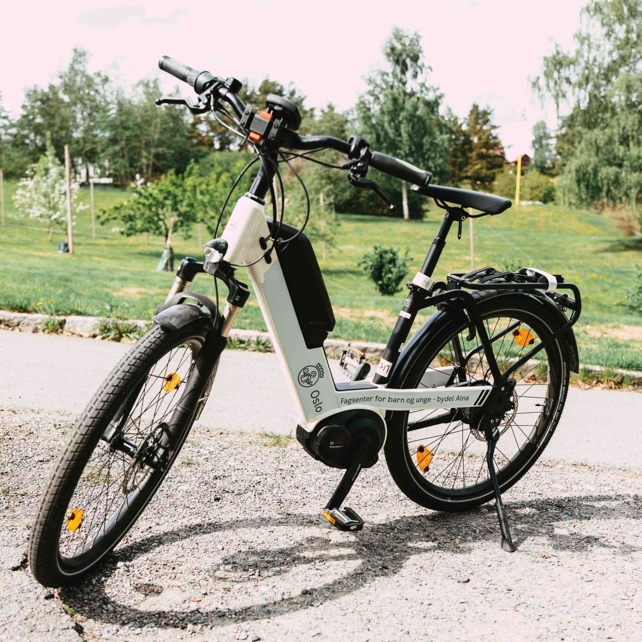 Elsykkel parkert ved en park. Foto